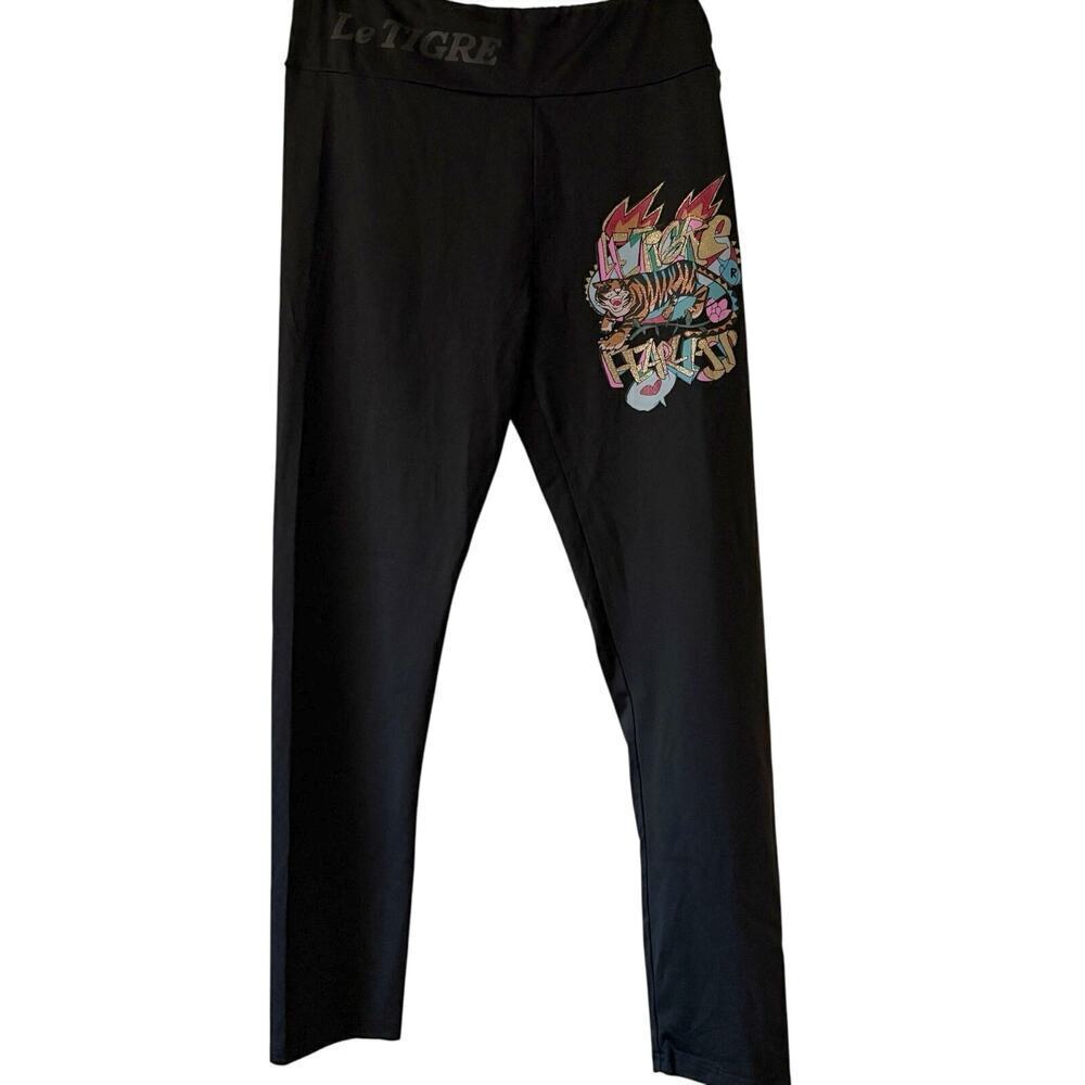 Le Tigre Black Graphic Leggings L Tiger Print Streetwear Athleisure Y2K Retro